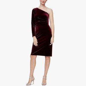 NWT ALEX & EVE Velvet One Shoulder Knee Length Back Zip Dress Size 14
